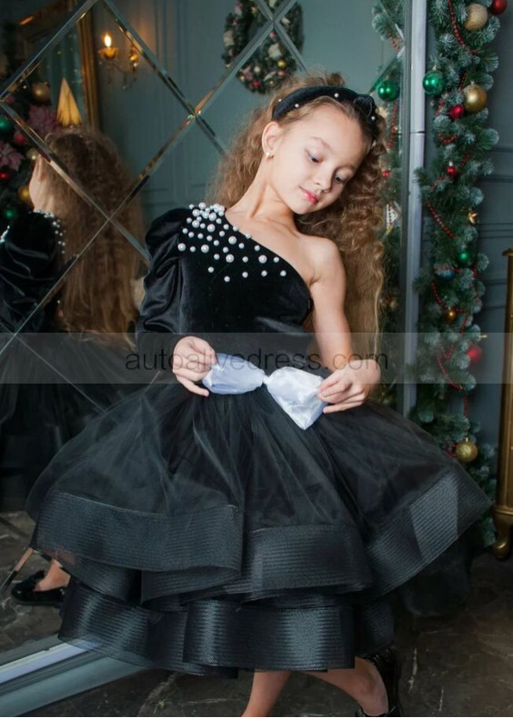 One Shoulder Black Satin Pearls Embellished Flower Girl Dress